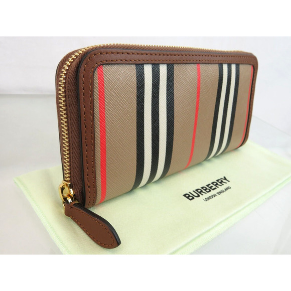 BURBERRY ELLERBY TAN LEATHER ICON STRIPE CANVAS ZIP AROUND CONTINENTAL WALLET - Picture 8 of 13